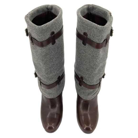 Cole Haan Air Kennedy Buckle Belted Dark Brown Leather Grey Felt Wool Boots 8.5 - Picture 2 of 15